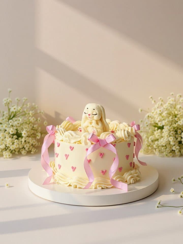 Cake with a bunny and pink bows in sunlight