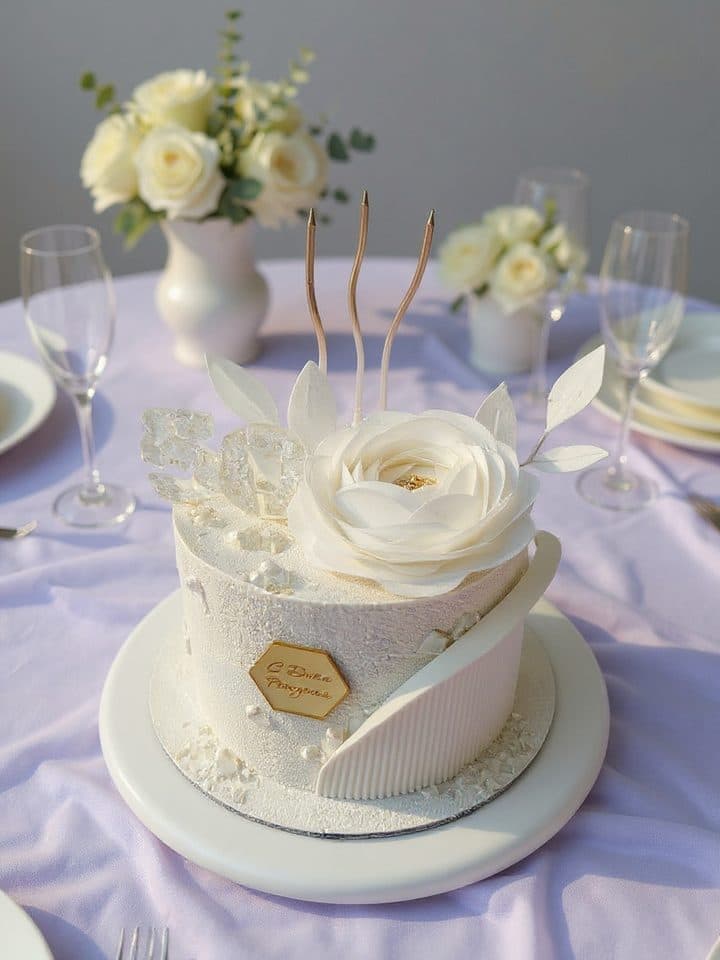 White cake with a rose on a festive table