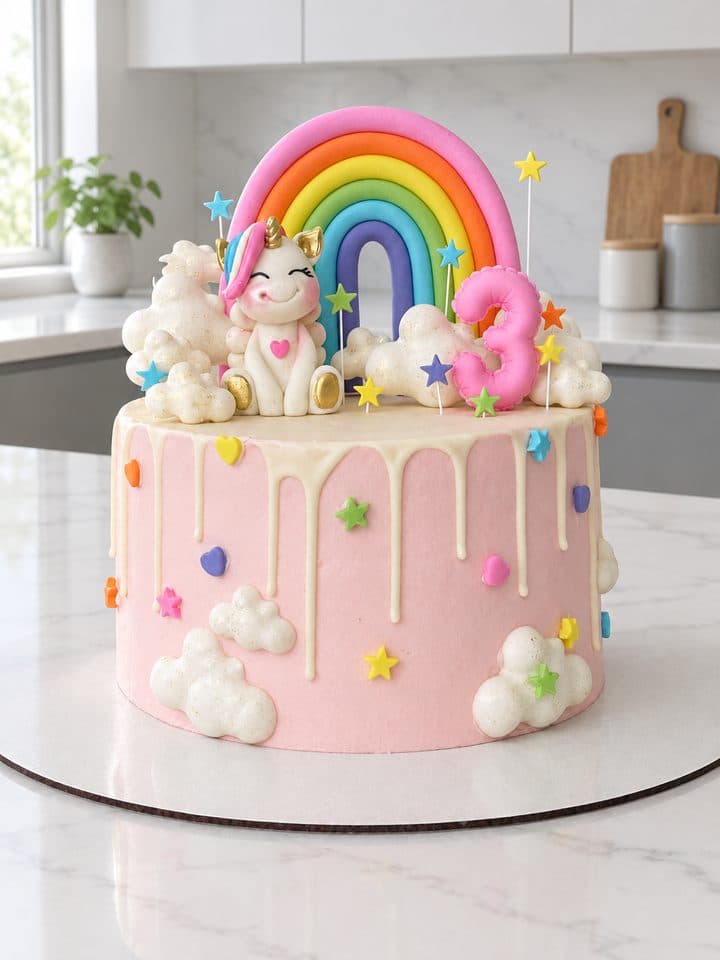 Pink cake with a rainbow and a unicorn on a marble countertop